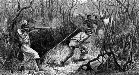 Manyema hinderlaag, Centraal-Afrika, gravure uit Laatste Dagboeken van David Livingstone, door David Livingstone (1813-1873), Londen