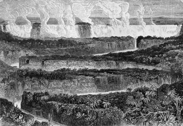 Uitzicht op de grote watervallen van de Zambezi, bekend als Mosi-oa-Tunya of Victoria Falls, Zambia, gravure uit Verhaal van de expeditie naar de Zambezi en zijn zijrivieren, door David Livingstone en Charles Livingstone