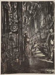 Een ketelruimte op een slagschip, illustratie uit 