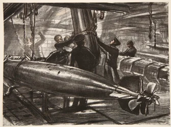 In de ondergelopen torpedokamer van een slagschip, illustratie uit 