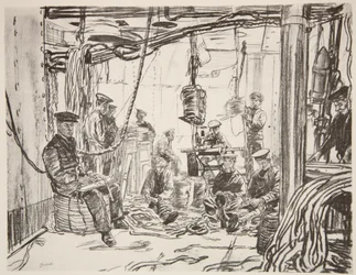 Matrozen op een slagschip maken munitie voor het leger, illustratie uit 
