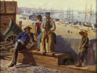 Zwarte jongens op de kade, ca. 1865