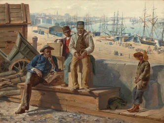 Zwarte jongens op de kade, ca. 1865.