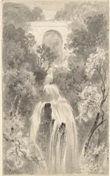 Gezicht op een waterval (recto); Landschapsstudie (verso)