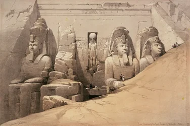Vooraanzicht van de Grote Tempel van Aboo Simbel, Nubië, uit 