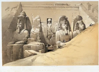 Vooraanzicht van de grote tempel van Aboo Simbel (Aboosimbel, Abu of Abu Simbel), Nubië in 
