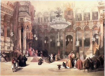 In het Heilige Land: Jeruzalem, Kerk van het Heilig Graf, de Grieks-orthodoxe kapel (gravure)