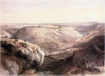 In het Heilige Land: Jeruzalem, gezien vanuit het zuiden met landschap van de Woestijn van Juda (gravure)
