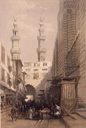 Minaretten en grote ingang van de moskee van de Metwalys, Caïro, uit 