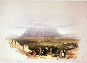 De berg Tabor gezien vanaf de vlakte van Jesreel, Israël (gravure)