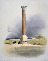 Pompeiuszuil, Alexandrië: Rode granieten zuil opgericht voor Diocletianus, 4e eeuw, ooit verondersteld om de begraafplaats van Pompeius de Grote te markeren. Door David Roberts (1796-1864) Schots kunstenaar en oriëntalist