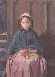 Portret van een meisje dat leest in een kerkbank