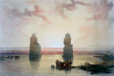 De kolossen van Memnon, in Thebe, tijdens de overstroming, 19e eeuw