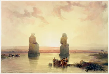 De Kolossen van Memnon, in Thebe, tijdens de Overstroming, Egypte, ca. 1845