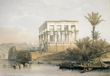 De hypethrale tempel op Philae, genaamd het bed van de farao, gegraveerd door Louis Haghe, gepubliceerd in 1843