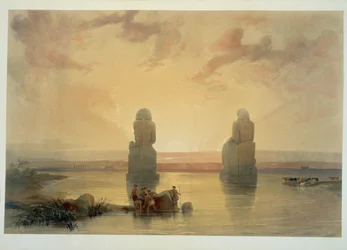 De kolossen van Memnon in Thebe tijdens een overstroming