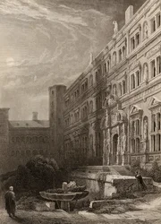 De grote binnenplaats van Heidelberg, gegraveerd door H. Winkles, illustratie uit 