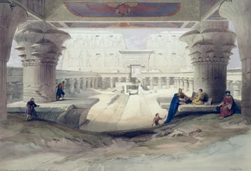 Gezicht onder de portico van de tempel van Edfu, Opper-Egypte, plaat 32 uit deel I van Egypte en Nubië, gegraveerd door Louis Haghe (1806-85), uitgegeven in 1846