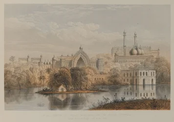 Gezicht op de Grote Iman Barra en de Roome Durwaza, Lucknow (litho)