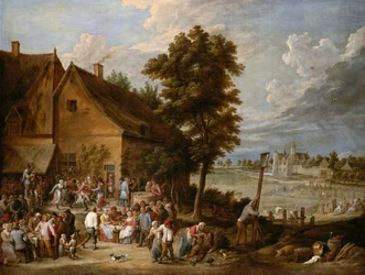 Een feest in oogsttijd, met het huis van Drij Toren op de achtergrond