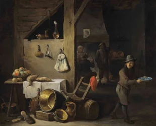 Een keukeninterieur met een jonge jongen en drie drinkende en rokende figuren