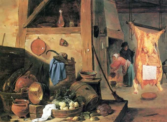 Keukeninterieur met stilleven en geslachte os