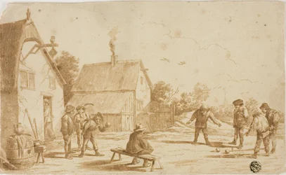 Mannen spelen jeu de boules buiten de herberg