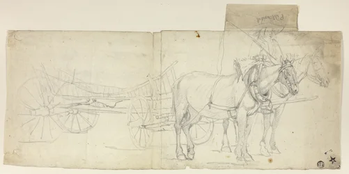 Tweespan met koetsier, trekkend (recto); Schetsen van voorovergebogen vrouwen (verso)