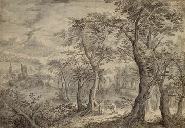 Bosrijk landschap met de verzoeking van Christus