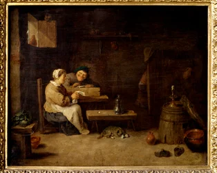 Interieur van een herberg Twee groteske personages in een Vlaamse herberg
