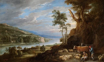 Landschap met herders en een verre blik op een kasteel