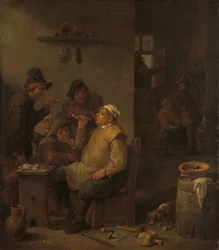 Vrijmetselaar die rookt met gezellen in een taverne