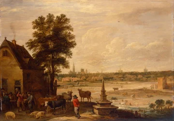 Boeren die een overeenkomst sluiten over de verkoop van een varken aan de rand van de stad Antwerpen