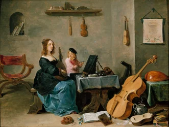 De vrouw en zoon van de schilder Portret van de familie van de kunstenaar, de jonge vrouw speelt muziek in een kamer vol instrumenten terwijl het kind zeepbellen maakt. Schilderij door David Teniers de Jonge (1610-1690) 17e eeuw Turijn Galleria Sabauda Ita