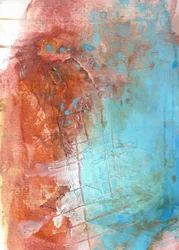 Abstract schilderij in verweerde blauwgroene en roestkleurige tinten