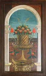 Mand met Fruit, schilderij door Defendente Ferrari op het achterste gedeelte van het 16e-eeuwse koor, Kerk van Sint Hiëronymus, Biella