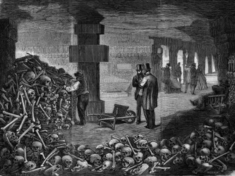 Parijs, uitzicht op het kruispunt van het memento in de catacomben (gravure)