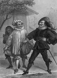 De listen van Scapin spelen van Moliere: Argante, Scapin en Sylvestre, gravure van Delannoy naar een tekening van G. Staal (1870)