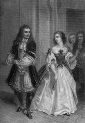 Toneelstuk De misantroop van Moliere: Alceste, Celimene, Eliante, Philinte gravure van Delannoy naar een tekening van G. Staal (1870)