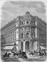 Project van de gevel van het nieuwe theater van Vaudeville op de hoek van Boulevard des Capucines en Rue de la Chaussée-d