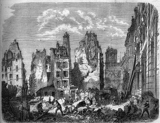 Transformaties van Parijs onder het Tweede Keizerrijk, Haussmann Parijs. Vernietiging van een deel van het Ile de la Cité voor de uitbreiding van het Hotel Dieu, gravure naar een tekening