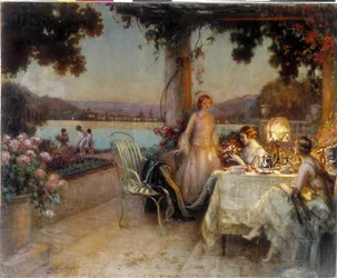In de avond op het terras. Schilderij van Delphin Enjolras (1857-1945), verplichte vermelding: Collectie Fondation Regards de Provence, Marseille (57 x 73 cm) DR