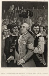 Lodewijk XVI bedreigd door de menigte tijdens hun bezoek aan de Tuilerieën, 20 juni 1792
