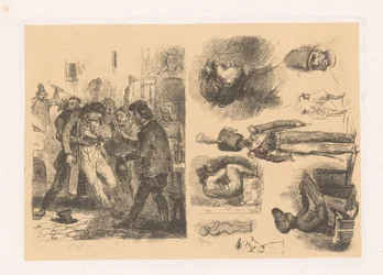 Groep mannen, ernaast een compositie met onder andere een soldaat