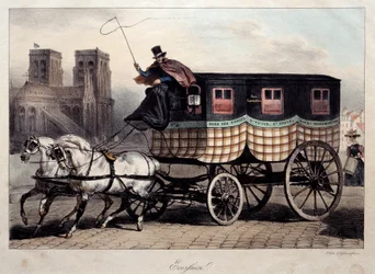 Parijse transport: omnibus bekend als "de Schot" (lithografie door Denis Auguste Raffet, 19e eeuw)