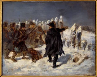 Russische terugtocht episode. Napoleontische oorlog (1812). Maarschalk Michel Ney (1769 - 1815) heeft de Redoute van Kovno (1812). Schilderij door Denis Auguste Raffet (1804-1860)