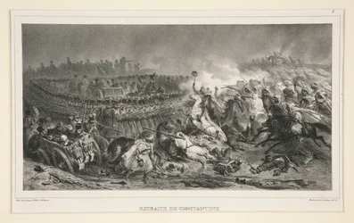 De 2e lichte cavalerie die de aanval van de Arabieren weerstaat, uit een set van zes, getiteld Retraite de Constantine