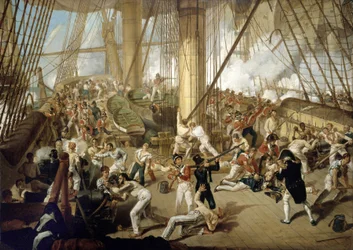 De val van Horatio Nelson (1758-1805), bij de Slag om Trafalgar, 21 oktober