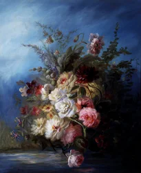 Stilleven. Boeket bloemen aan het water met rozen en tulpen. Schilderij van Denis Pierre Bergeret (1846-1910) Privécollectie.