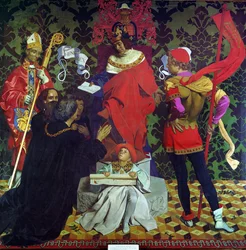 John Cabot en zijn zonen ontvangen het charter van Hendrik VII om op zoek te gaan naar nieuwe landen